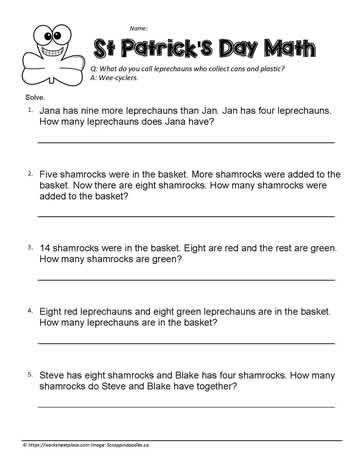 First grade student solving St. Patrick's Day themed addition word problems with leprechauns and coins
