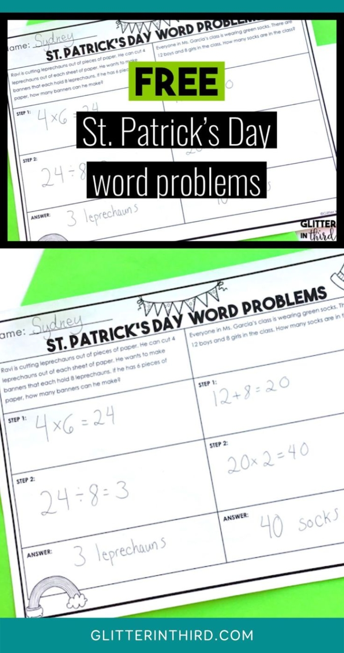 First grade student solving St. Patrick's Day themed addition word problems with leprechauns and coins