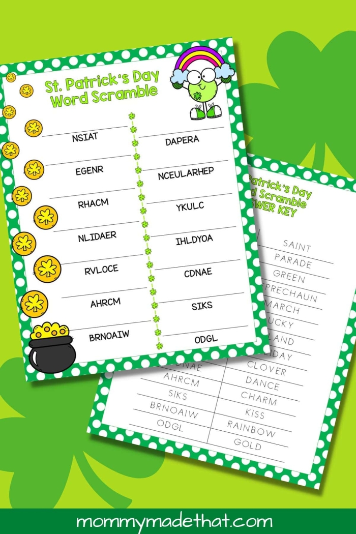 First grade student solving St. Patrick's Day themed addition word problems with leprechaun and coin illustrations