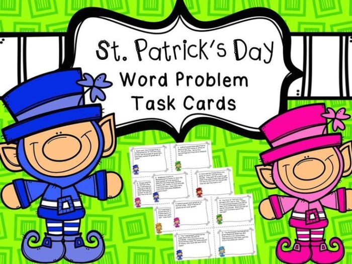 First grade student solving St. Patrick's Day themed addition word problems with leprechaun and gold coin illustrations