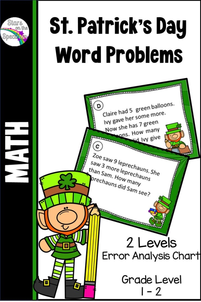 First grade student solving St. Patrick's Day themed addition word problems with leprechauns and gold coins