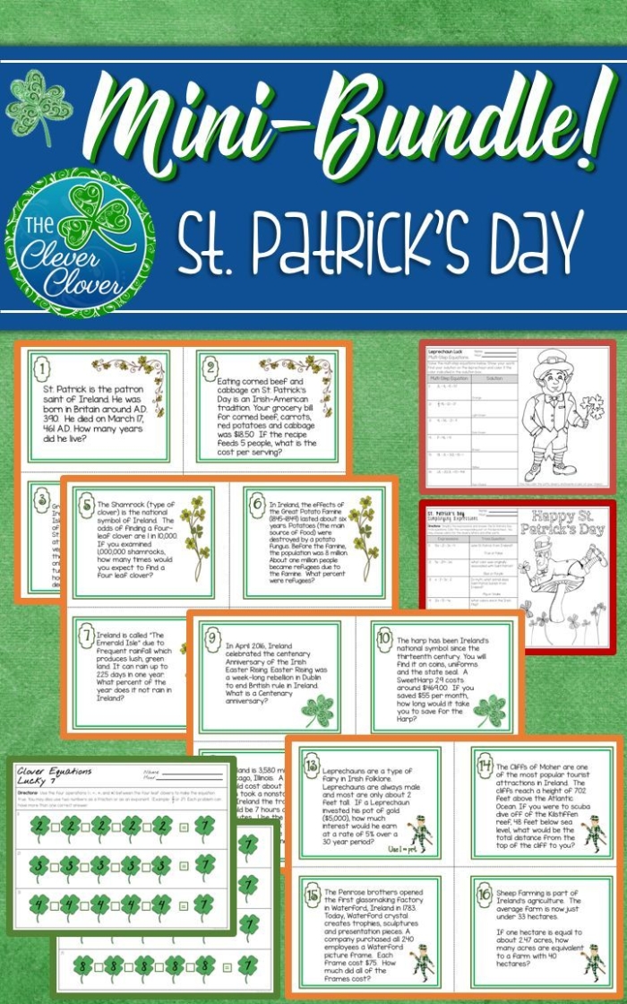 First grade student solving St. Patrick's Day addition word problems with leprechauns and lucky coins