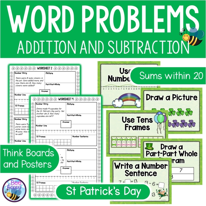 First grade student solving St. Patrick's Day themed addition word problems with leprechauns and gold coins