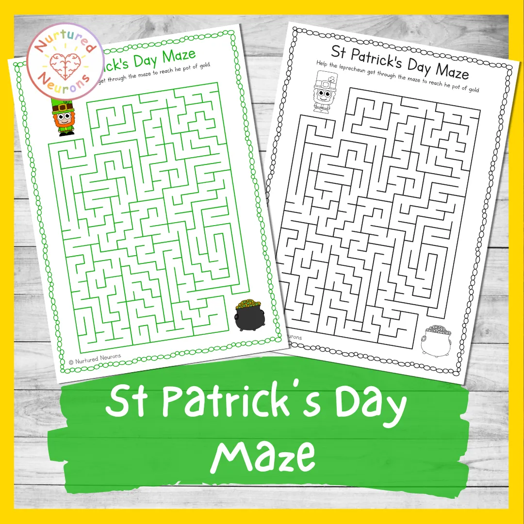 Second grade students solving a St. Patrick's Day themed maze race on a worksheet