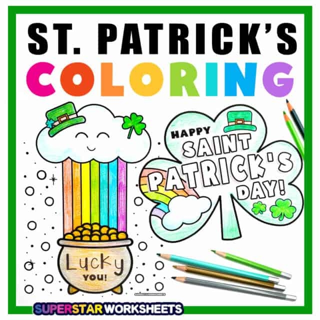 St. Patrick's Day themed coloring sheet featuring a leprechaun and shamrocks for preschoolers