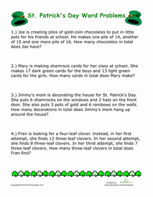St. Patrick's Day addition word problems worksheet for first grade students learning math and reading skills