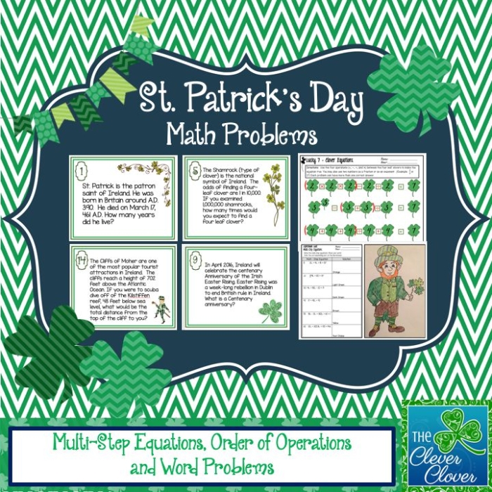 First grade student solving St. Patrick's Day themed addition word problems with leprechaun and gold coin illustrations
