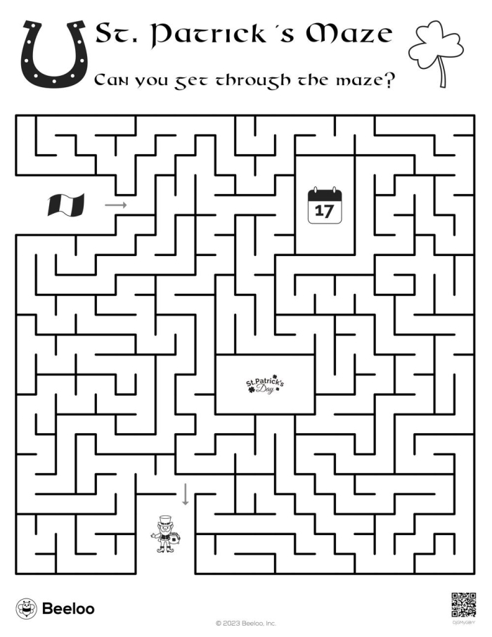 St. Patrick's Day themed maze race worksheet for second graders featuring side by side paths and lucky start and finish points