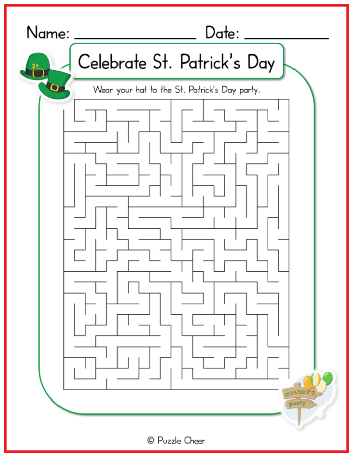 St. Patrick's Day themed maze race worksheet for second graders with two side-by-side mazes