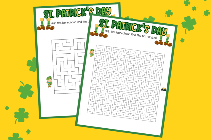 Second grade students racing through a St. Patrick's Day themed maze worksheet with two paths to choose from
