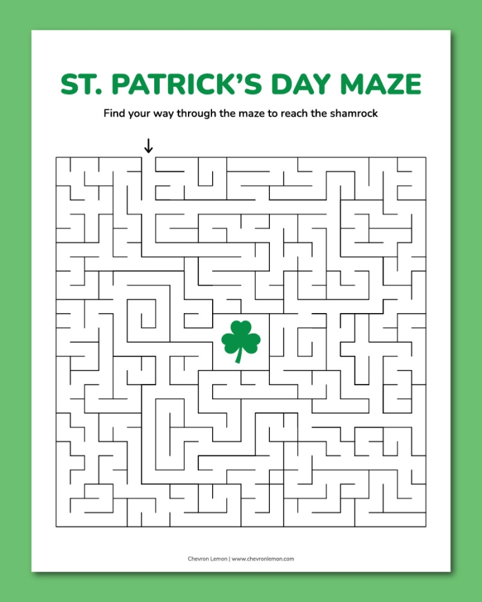 St. Patrick's Day themed maze race worksheet for second graders with two side-by-side paths