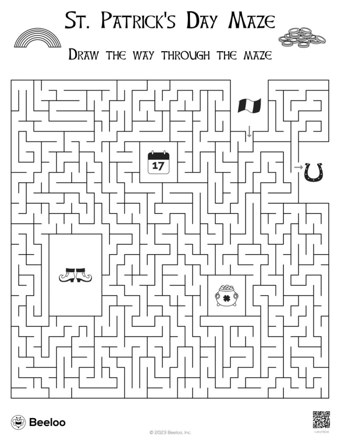 St. Patrick's Day themed maze race worksheet for second graders with two paths to navigate