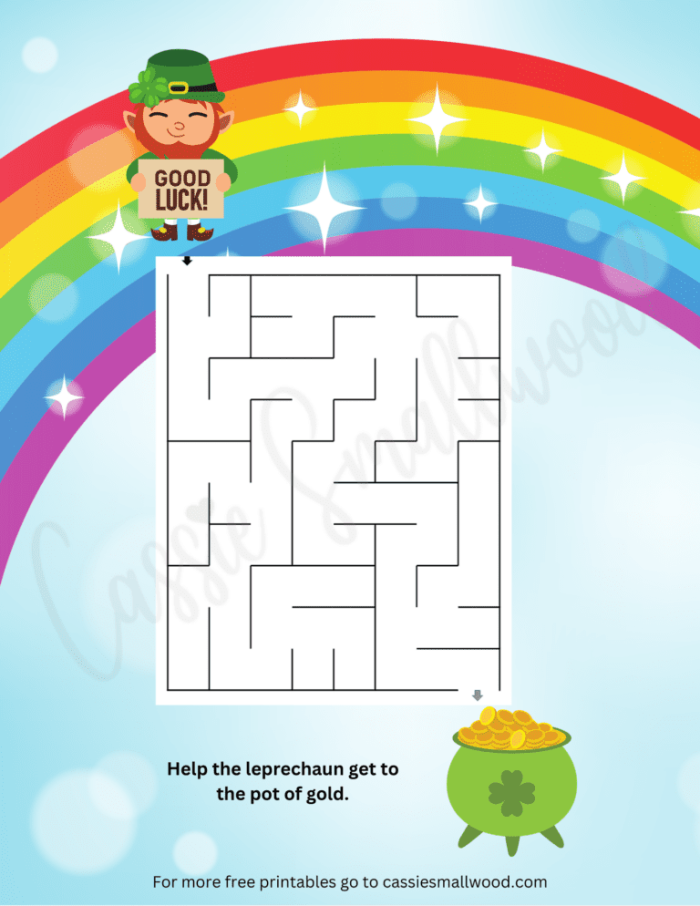 A St. Patrick's Day themed maze race worksheet for second graders featuring two side-by-side mazes