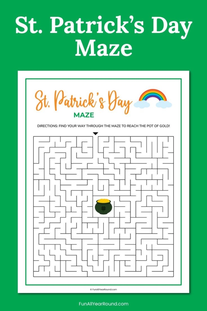 St. Patrick's Day themed maze race worksheet for second graders featuring two parallel paths