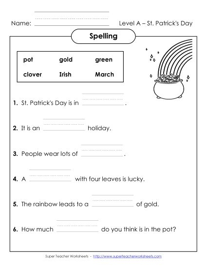 St. Patrick's Day spelling practice for second graders with a fun Irish theme Second grader selecting the correct spelling of St. Patrick's Day words on a worksheet
