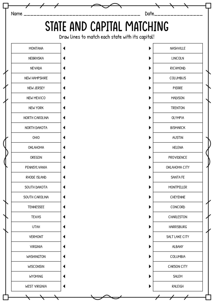 A third grade student matching U.S. state names to unlabeled regions on a map worksheet