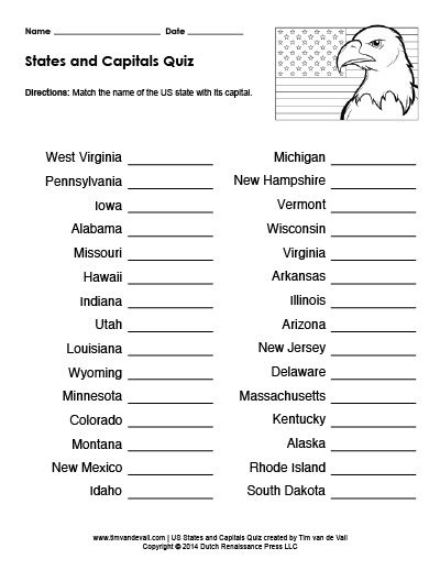 Practice states and capitals with this engaging worksheet for young learners Worksheet showing a map for identifying U.S. states and their capitals for third graders