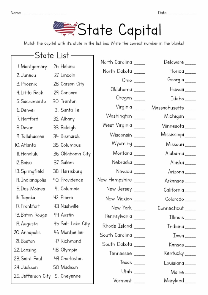 States and Capitals Practice: What's That State? Worksheet 1 Worksheet for practicing U.S. states and capitals with map illustrations