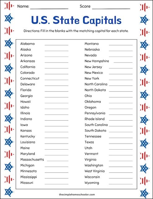 Fun activity sheet: States and Capitals Practice - What's That State? 1 Worksheet for practicing U.S. states and capitals with a map for third graders