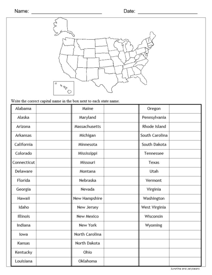 Engaging activity to help students identify U.S. states by their capitals and shapes Worksheet for practicing states and capitals with map visuals for third graders