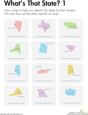 States and Capitals Practice: What's That State? 1 worksheet image Worksheet for practicing U.S. states and capitals with a map illustration