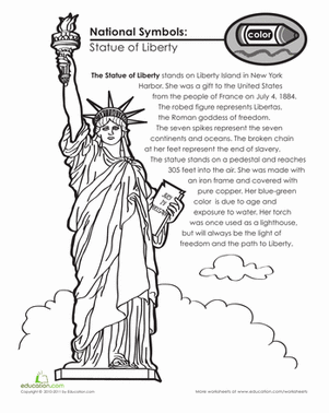 Second grade worksheet showing the Statue of Liberty with coloring activities and heritage discussion