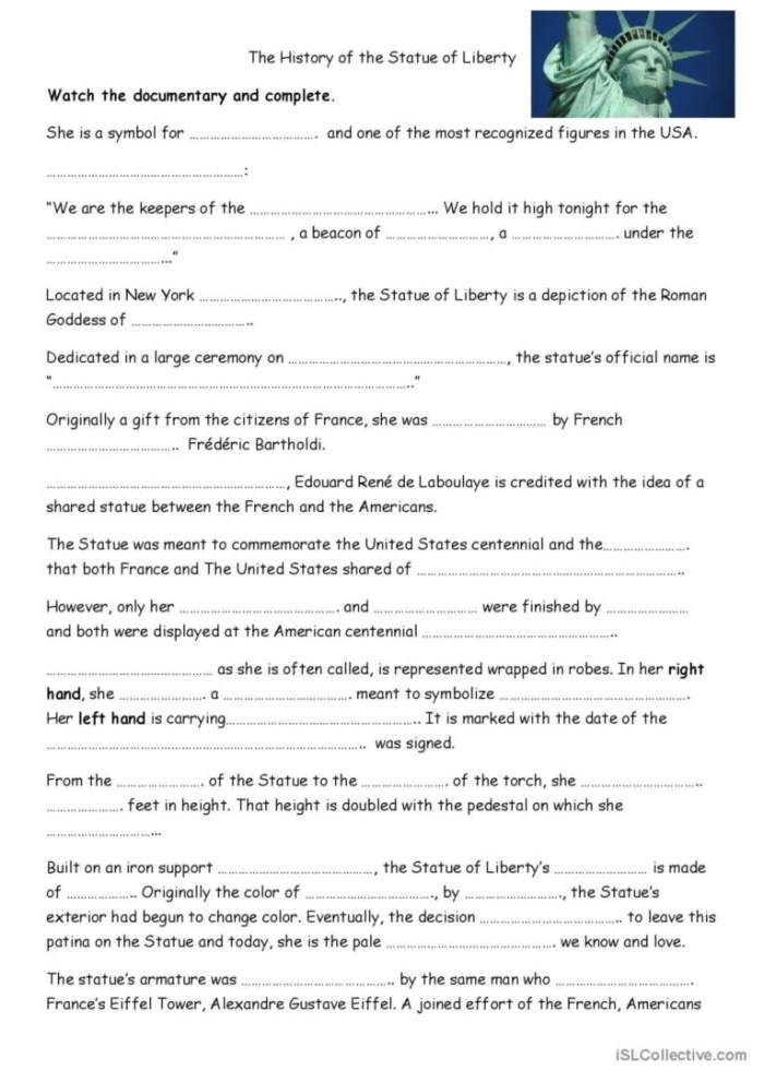 Second grade worksheet on National Symbols featuring the Statue of Liberty for German learners