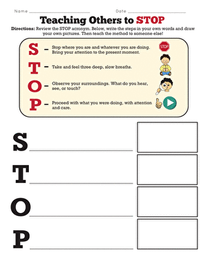 Teaching Others to STOP Mindfulness Method Worksheet for Elementary Students Fourth grade students learning the STOP mindfulness technique with a worksheet guide for teaching others