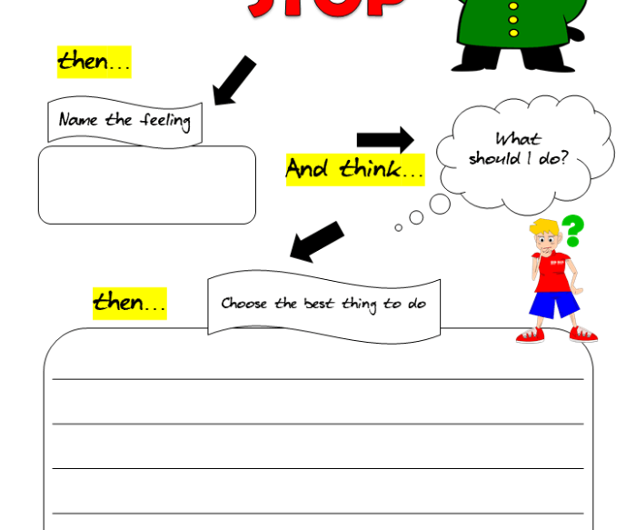 Teaching Others to STOP Mindfulness Activity for Elementary Students Fourth grade students learning the STOP mindfulness technique with a worksheet designed to teach others the method