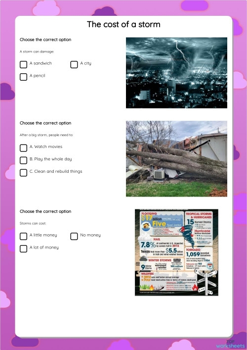 Visual representation of weather event impacts for fifth graders in Life Science class Fifth grade Life Science worksheet showing a flow chart of storm effects in Weather Effects lesson