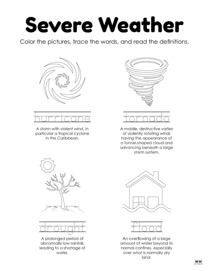 Illustration of Weather Effects worksheet for grade 5 students exploring storm consequences Fifth grade worksheet showing flow charts of storm impacts in a life science lesson