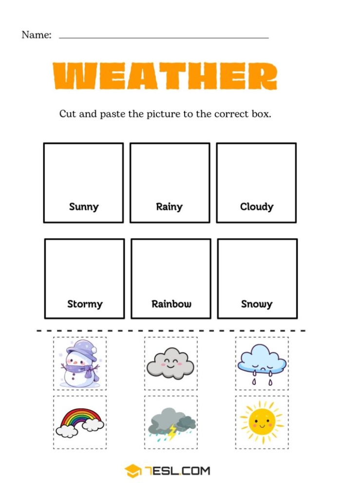 Weather Effects worksheet activity showing cause and effect relationships for weather events in life science Fifth grade students completing a Weather Effects worksheet by drawing flow charts of storm impacts