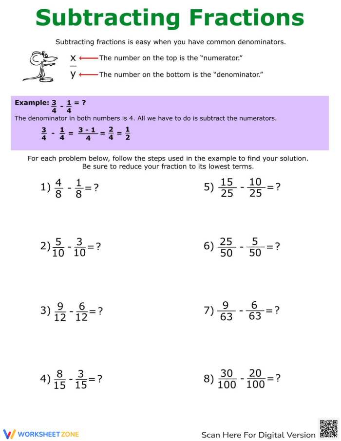 Fifth grade life science worksheet showing detailed steps for subtracting fractions with different denominators