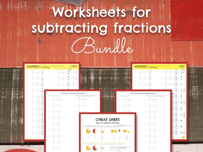 Fifth grade life science worksheet showing steps for subtracting fractions with various denominators