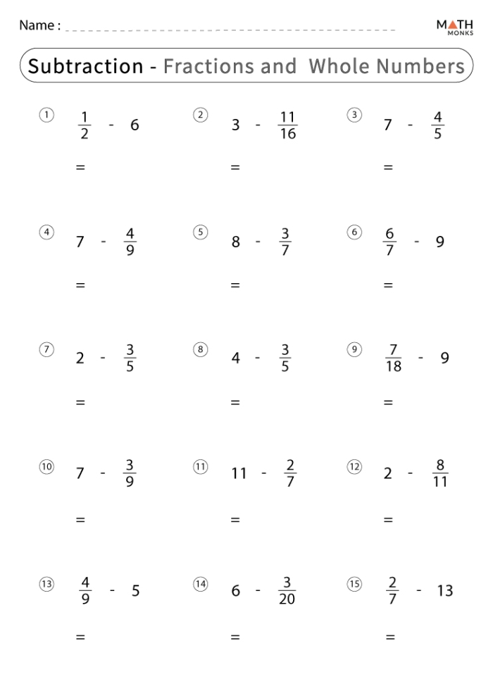 Fifth grade Life Science worksheet showing steps for subtracting fractions with various denominators