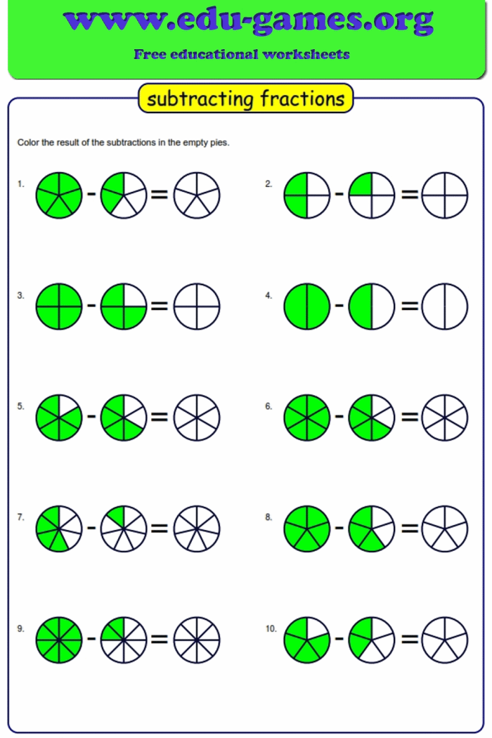 Fifth grade life science worksheet showing detailed steps for subtracting fractions with different denominators
