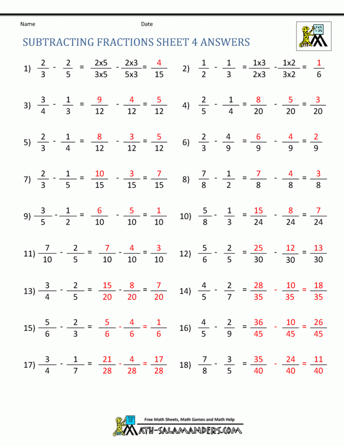 Fifth grade Life Science worksheet showing steps to subtract fractions with various denominators