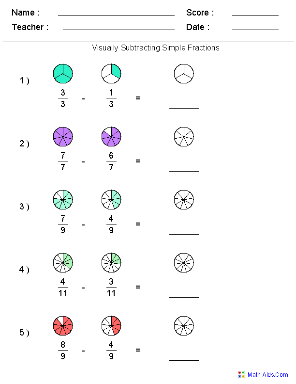Fifth grade life science worksheet showing detailed steps for subtracting fractions with various denominators