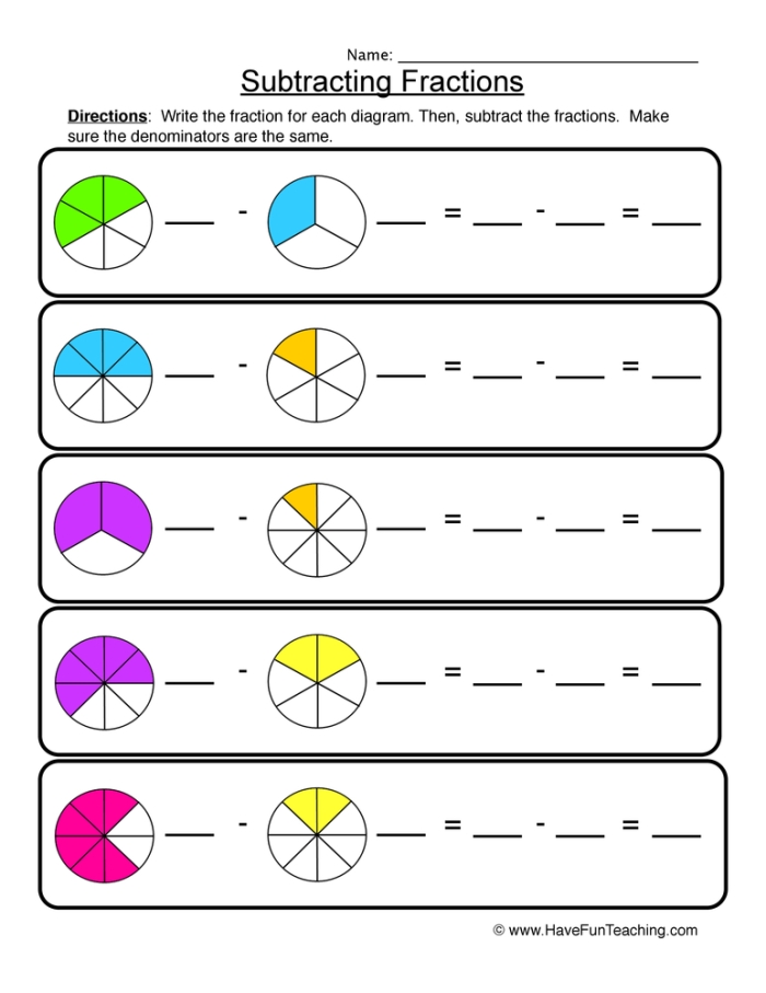 Fifth grade worksheet showing steps for subtracting fractions with different denominators