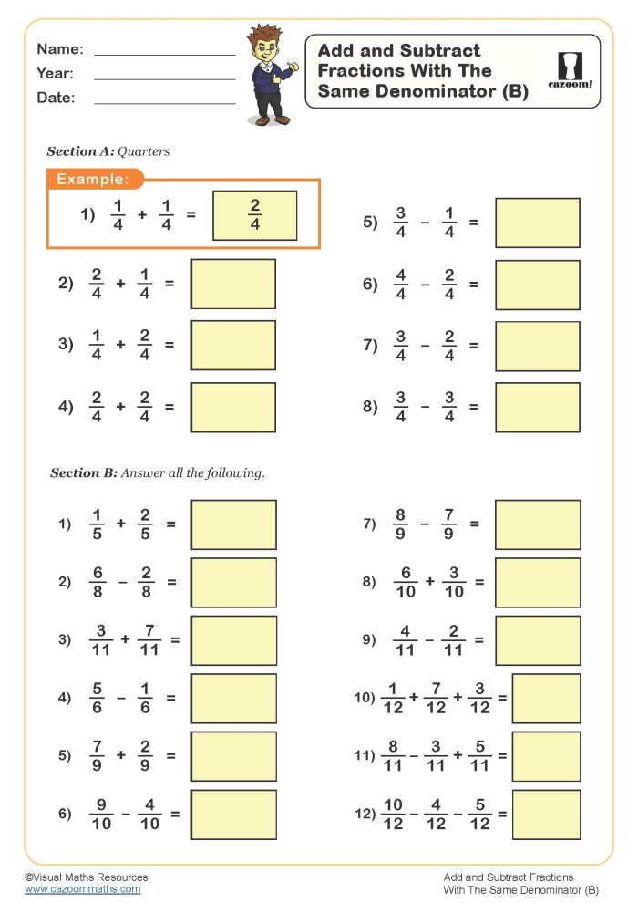 Fifth grade worksheet showing steps to subtract fractions with various denominators
