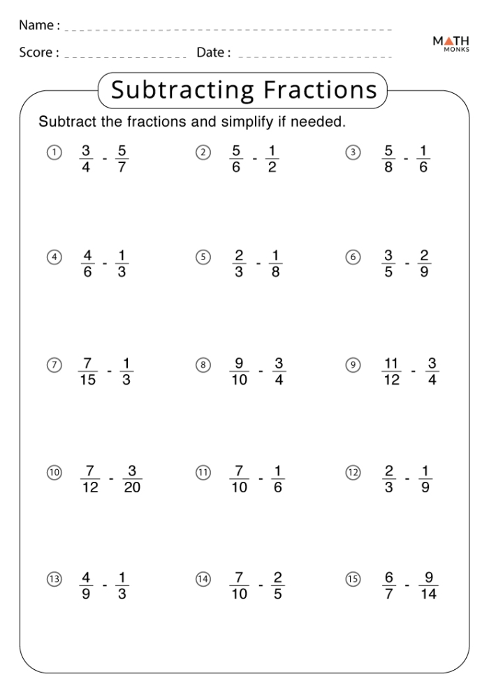 Fifth grade worksheet showing detailed steps for subtracting fractions with various denominators