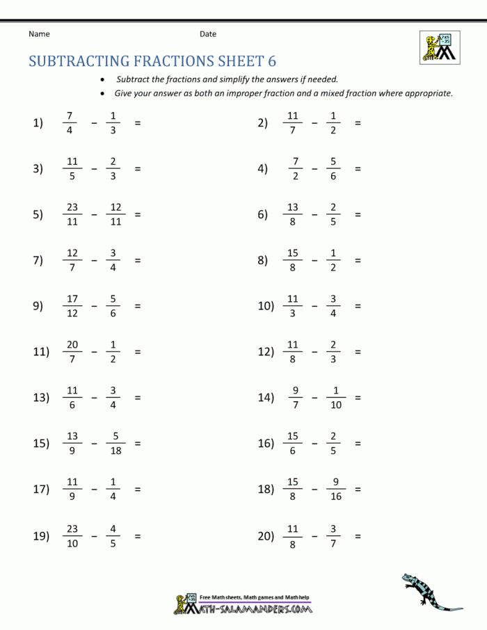 Fifth grade life science worksheet showing step-by-step subtraction of fractions with different denominators