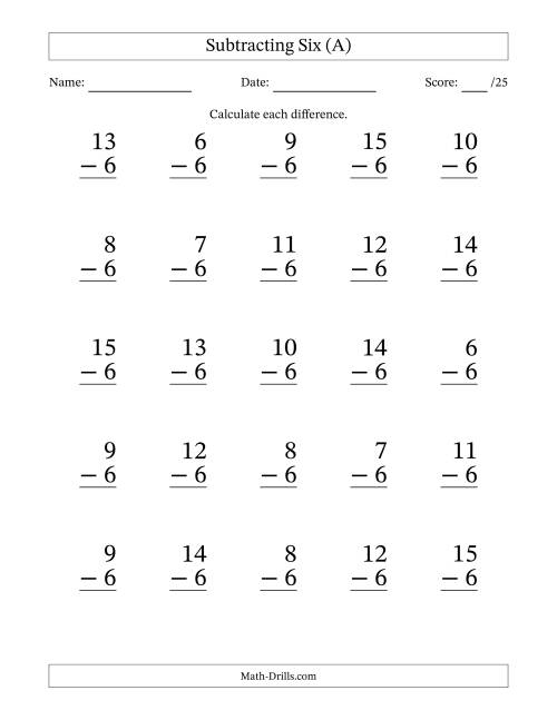 Animal subtraction worksheet for kindergarten students, focusing on subtracting six from groups of animals. Subtract Six Worksheet for Kids - Image 18
