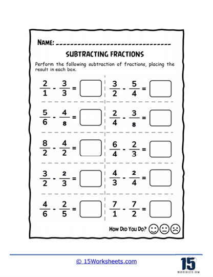 Fifth grade life science worksheet showing step-by-step subtraction of fractions with different denominators