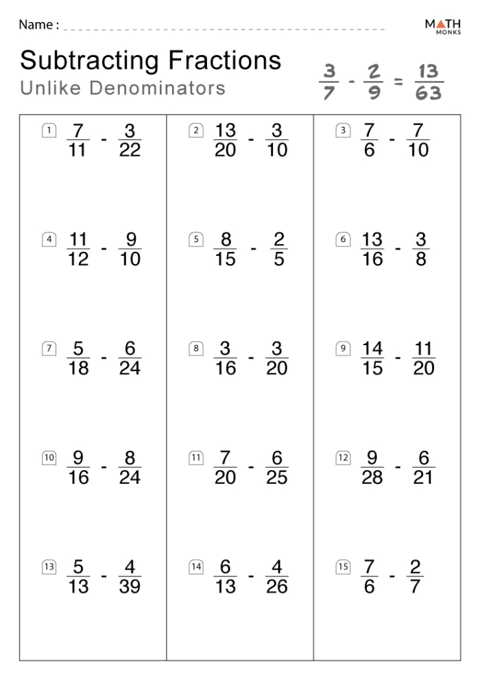 Fifth grade worksheet showing detailed steps for subtracting fractions with various denominators