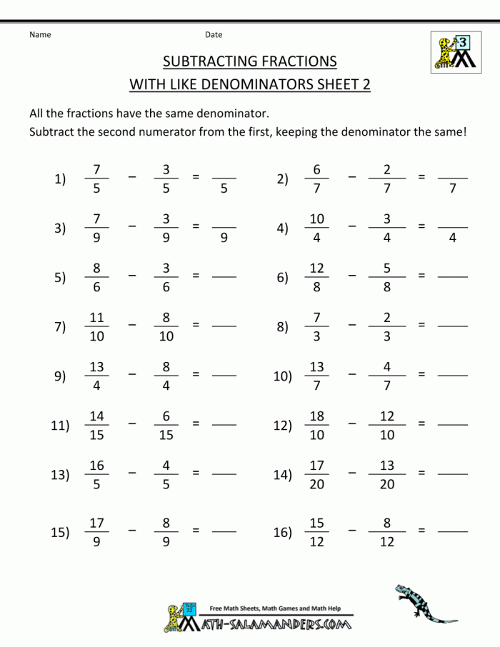 Fifth grade worksheet showing step-by-step subtraction of fractions with various denominators
