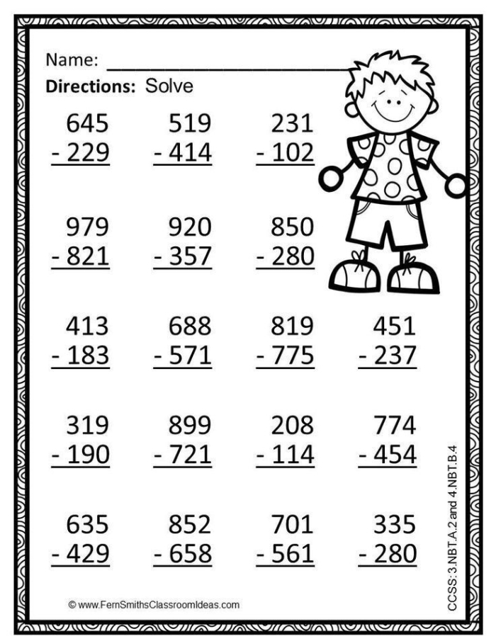 Second grade student completing a subtraction within 1000 worksheet to assess math skills