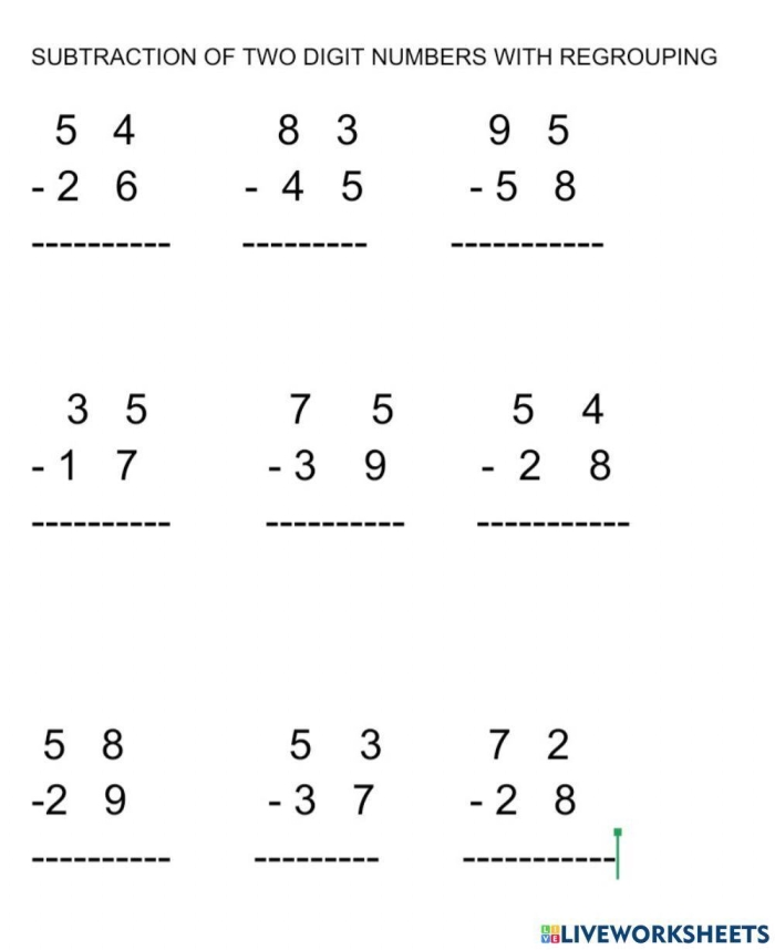 Second grade worksheet featuring 2-digit subtraction with borrowing and a bonus word problem