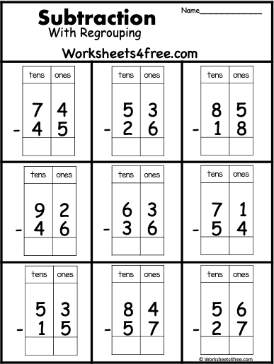 Second grade 2-digit subtraction with regrouping practice worksheet featuring a borrowing exercise and word problem
