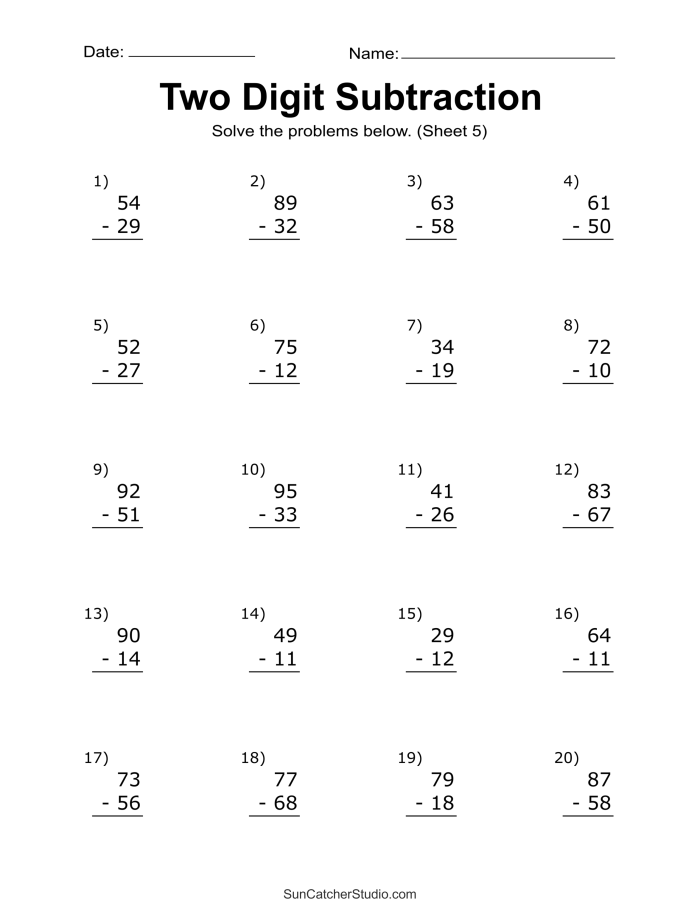 Second grade math worksheet featuring 2-digit subtraction with borrowing and a word problem